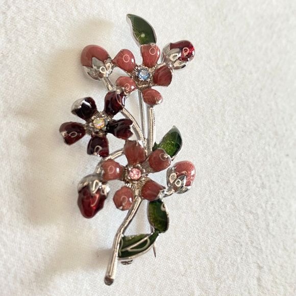 LC Flower Brooch Colorful Enamel And Rhinestones On Silver Tone Stem - Picture 3 of 11